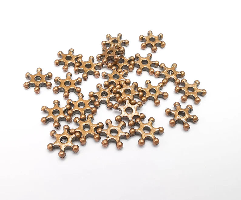 10 Copper Snowflake Bead, Perforated Connector, Copper Jewelry Parts, Bracelet Component, Antique Copper Plated Metal Finding (10mm) G35042