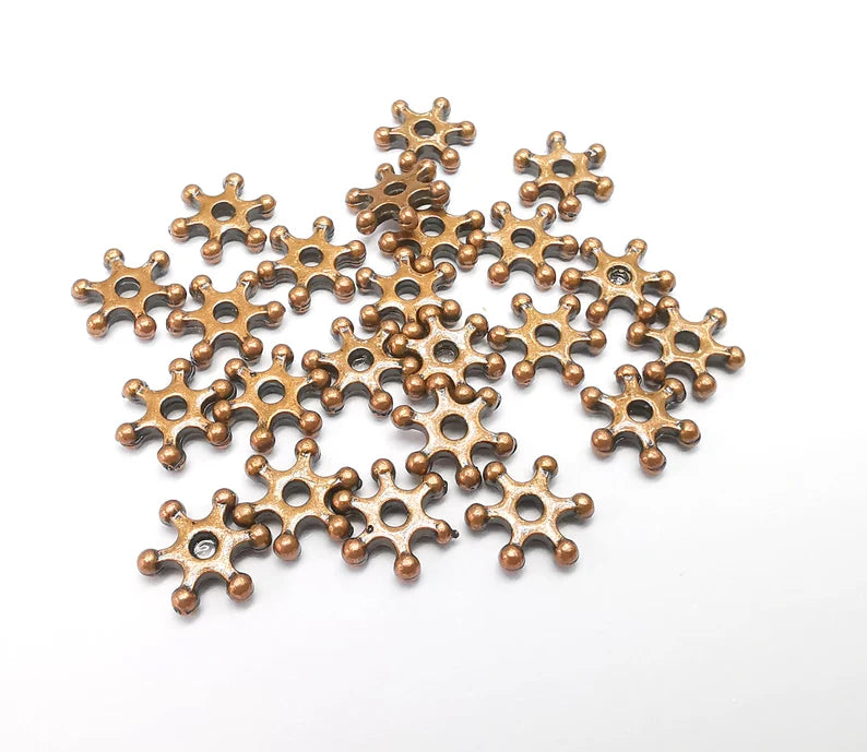 10 Copper Snowflake Bead, Perforated Connector, Copper Jewelry Parts, Bracelet Component, Antique Copper Plated Metal Finding (10mm) G35042
