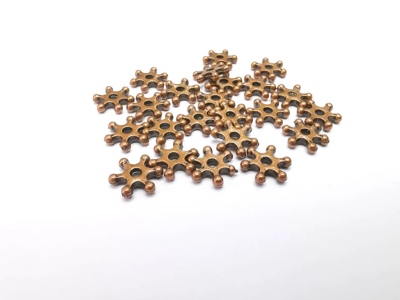 10 Copper Snowflake Bead, Perforated Connector, Copper Jewelry Parts, Bracelet Component, Antique Copper Plated Metal Finding (10mm) G35042