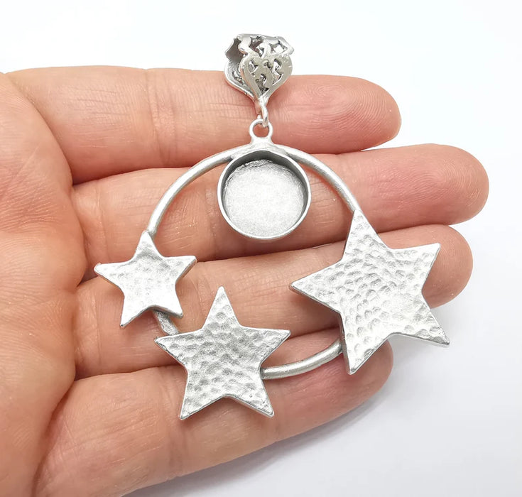 Star Pendant Blank, Cabochon Bezel, Locket Pendant Base, inlay Mountings, Resin Necklace, Antique Silver Plated Brass (16mm blank) G35043