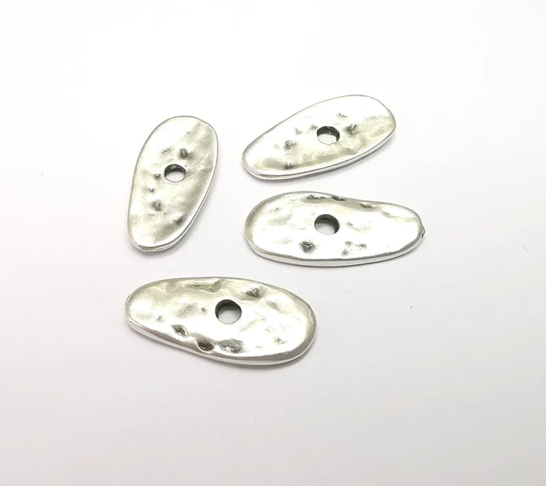 5 Organic Textured Perforated Connector, Oval Jewelry Parts, Silver Bracelet Component, Antique Silver Plated Metal Findings (24x11mm) G35044
