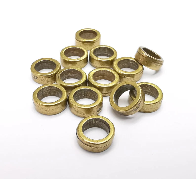 10 Rondelle Beads, Bronze Beads, Bracelet Beads, Wide Hole Beads, Necklace Beads, Antique Bronze Plated Metal 9mm G35055