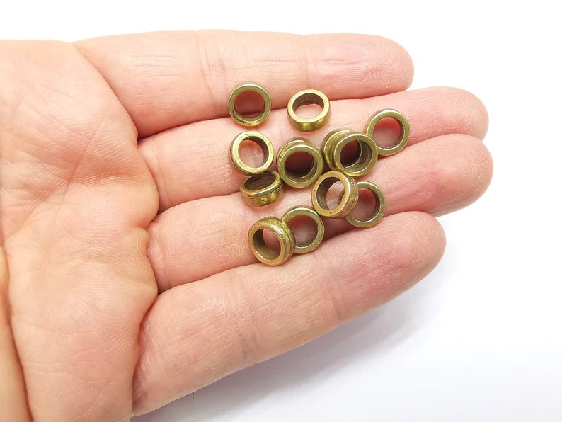 10 Rondelle Beads, Bronze Beads, Bracelet Beads, Wide Hole Beads, Necklace Beads, Antique Bronze Plated Metal 9mm G35055