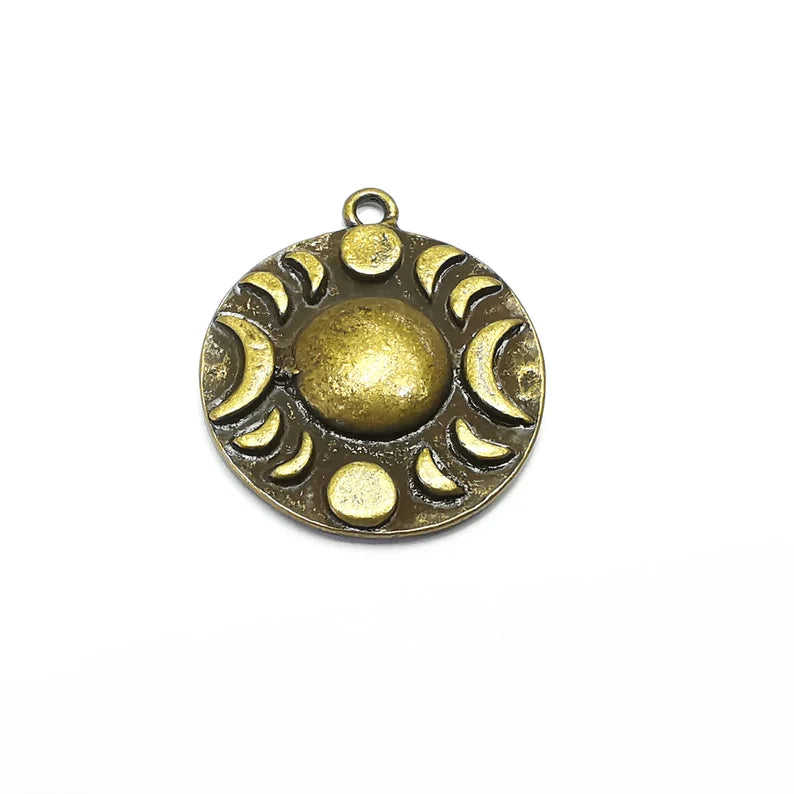 Crescent Moon Charms The Phases of The Moon, Round Disc Antique Bronze Plated (29x25mm) G34853