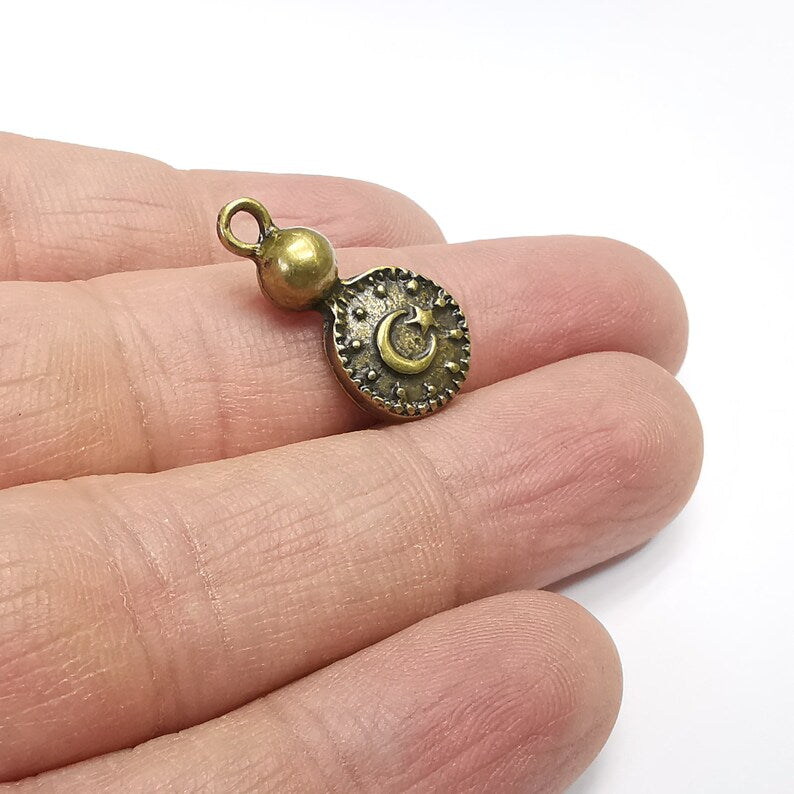 2 Moon and Star Charms, Dangle Charms, Crescent and Star charms, Antique Bronze Plated (23x11mm) G34854