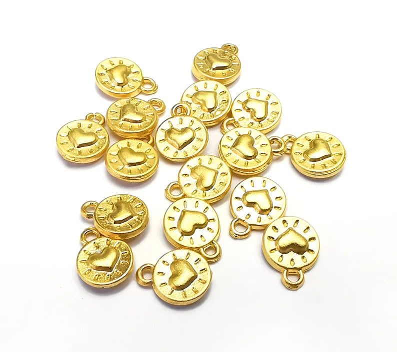 5 Heart Small Disc Charms (Double Sided) Gold Plated Charms (10x8mm) G34861