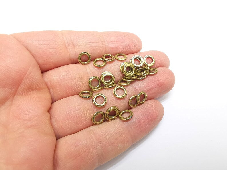 10 Hammered Rondelle Beads, Bronze Beads, Bracelet Beads, Wide Hole Beads, Necklace Beads, Antique Bronze Plated Metal 7mm G35057