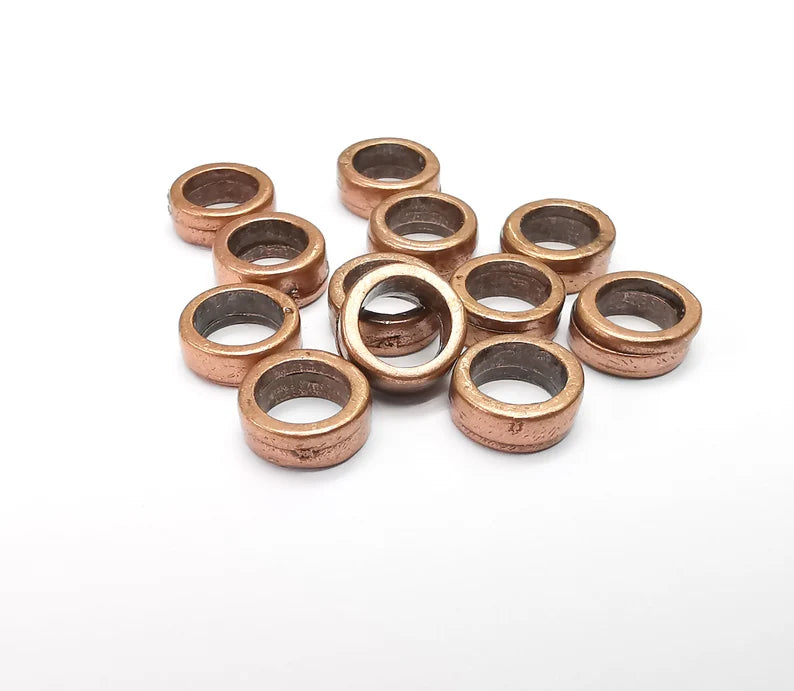 10 Rondelle Beads, Copper Beads, Bracelet Beads, Wide Hole Beads, Necklace Beads, Antique Copper Plated Metal 9mm G35058