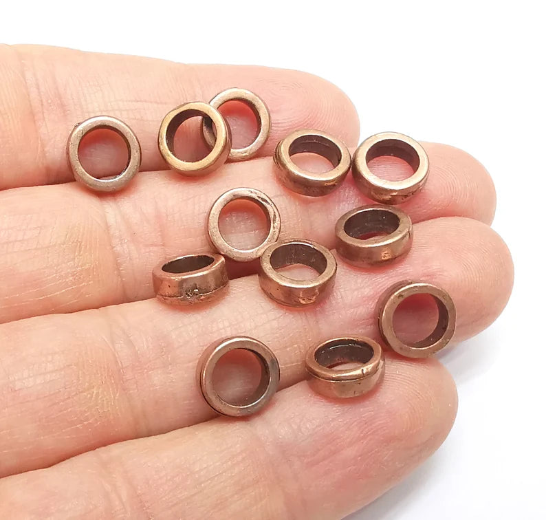 10 Rondelle Beads, Copper Beads, Bracelet Beads, Wide Hole Beads, Necklace Beads, Antique Copper Plated Metal 9mm G35058