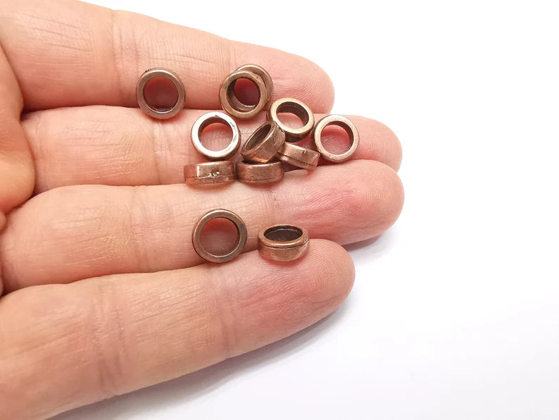10 Rondelle Beads, Copper Beads, Bracelet Beads, Wide Hole Beads, Necklace Beads, Antique Copper Plated Metal 9mm G35058