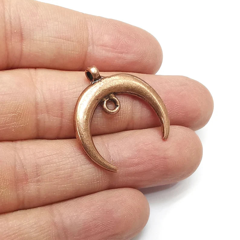 Crescent Moon Charms, Dangle Charms, Ethnic Earring Charms, Copper Rustic Pendant, Necklace Parts, Antique Copper Plated 27mm G35066