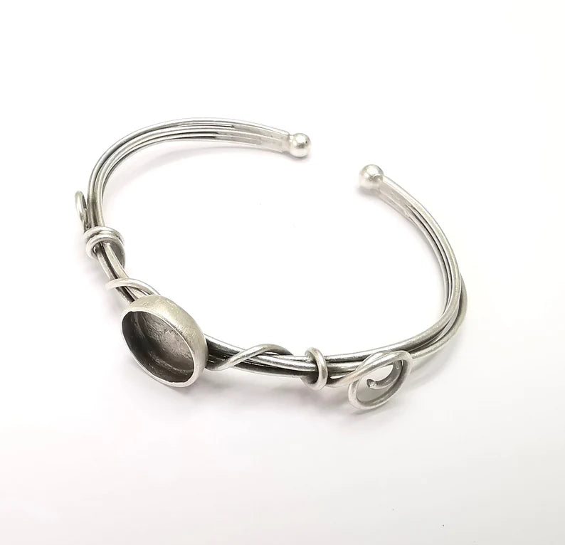 Wire Wrapped Bracelet Bezel, Wrap Cuff Resin Blank, Wristband Base, Cabochon Mountings, Adjustable Antique Silver Plated Brass (12mm) G34863