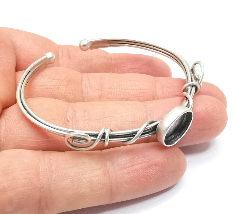 Wire Wrapped Bracelet Bezel, Wrap Cuff Resin Blank, Wristband Base, Cabochon Mountings, Adjustable Antique Silver Plated Brass (12mm) G34863