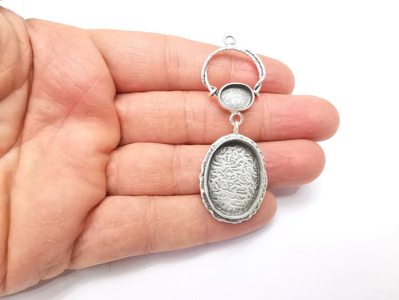 Silver Pendant Blank, Cabochon Bezel, Earring Base, inlay Mountings, Resin Necklace Antique Silver Plated Brass ( 24x17 and 11x8mm) G34865