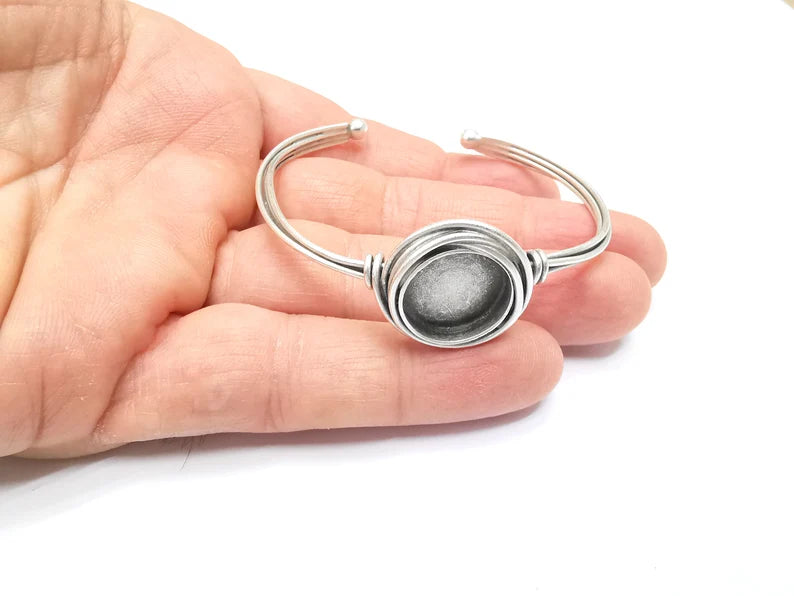 Wire Wrapped Bangle Bracelet, Wrap Cuff Resin Blank, Wristband Cabochon Base, inlay Bezel, Adjustable Antique Silver Brass (16mm) G34866