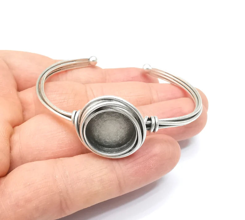 Wire Wrapped Bangle Bracelet, Wrap Cuff Resin Blank, Wristband Cabochon Base, inlay Bezel, Adjustable Antique Silver Brass (16mm) G34866