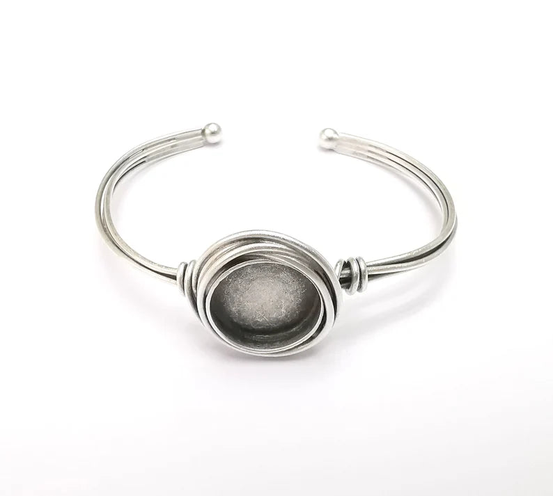 Wire Wrapped Bangle Bracelet, Wrap Cuff Resin Blank, Wristband Cabochon Base, inlay Bezel, Adjustable Antique Silver Brass (16mm) G34866