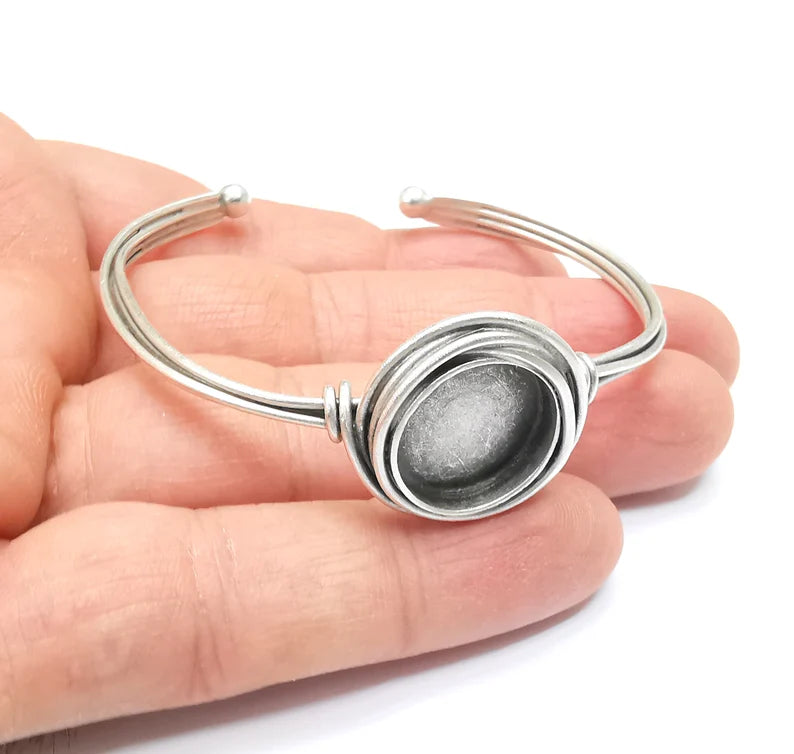 Wire Wrapped Bangle Bracelet, Wrap Cuff Resin Blank, Wristband Cabochon Base, inlay Bezel, Adjustable Antique Silver Brass (16mm) G34866