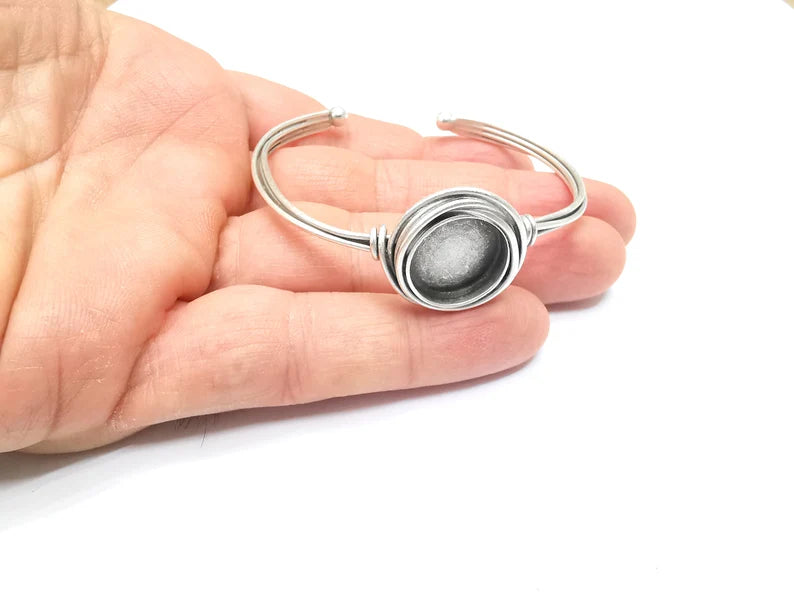 Wire Wrapped Bangle Bracelet, Wrap Cuff Resin Blank, Wristband Cabochon Base, inlay Bezel, Adjustable Antique Silver Brass (16mm) G34866