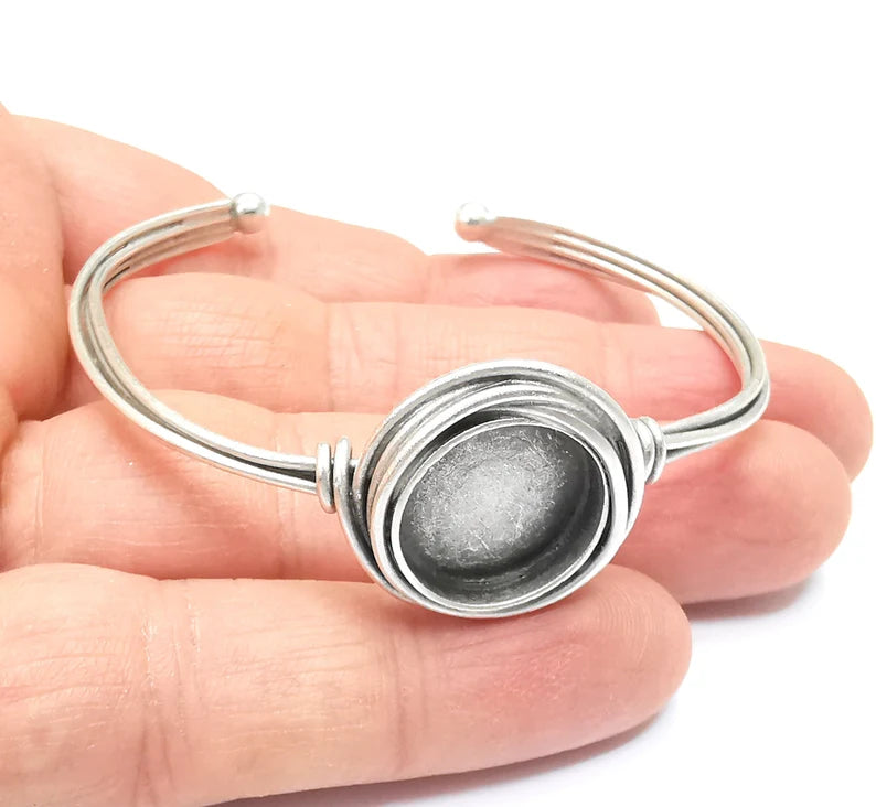 Wire Wrapped Bangle Bracelet, Wrap Cuff Resin Blank, Wristband Cabochon Base, inlay Bezel, Adjustable Antique Silver Brass (16mm) G34866