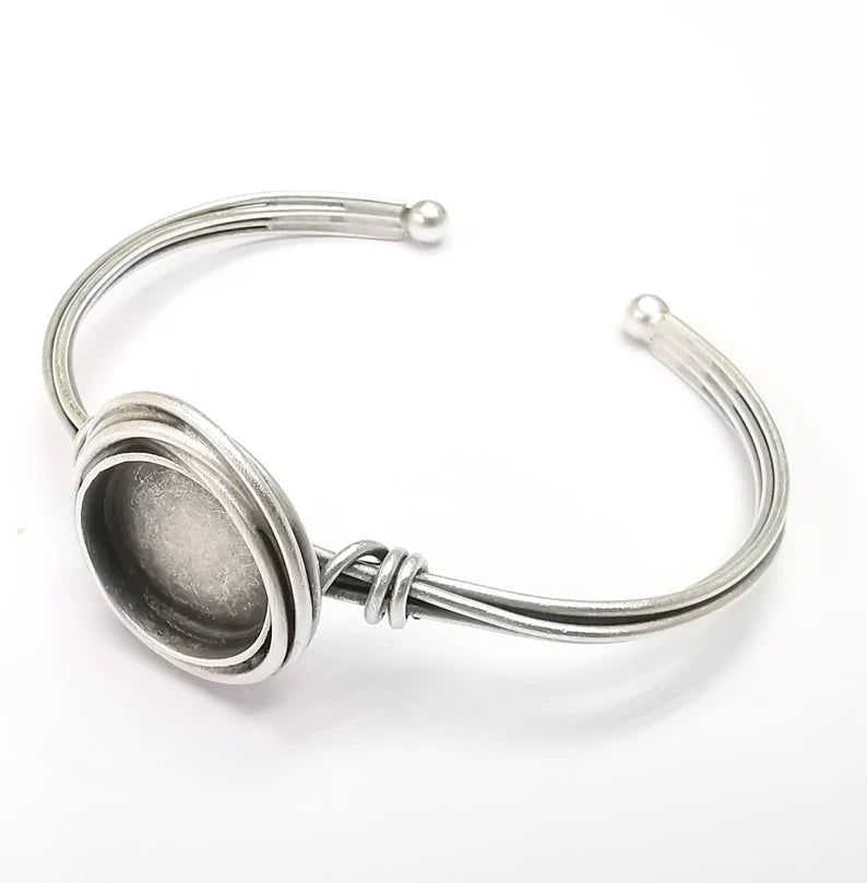 Wire Wrapped Bangle Bracelet, Wrap Cuff Resin Blank, Wristband Cabochon Base, inlay Bezel, Adjustable Antique Silver Brass (16mm) G34866