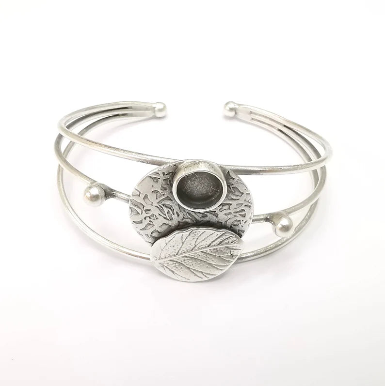 Leaf Wire Wrapped Bracelet, Bangle Bracelet Bezel, Cuff Resin Blank, Wristband Cabochon Base, Adjustable Antique Silver Brass (8mm) G34867
