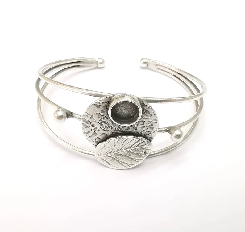 Leaf Wire Wrapped Bracelet, Bangle Bracelet Bezel, Cuff Resin Blank, Wristband Cabochon Base, Adjustable Antique Silver Brass (8mm) G34867