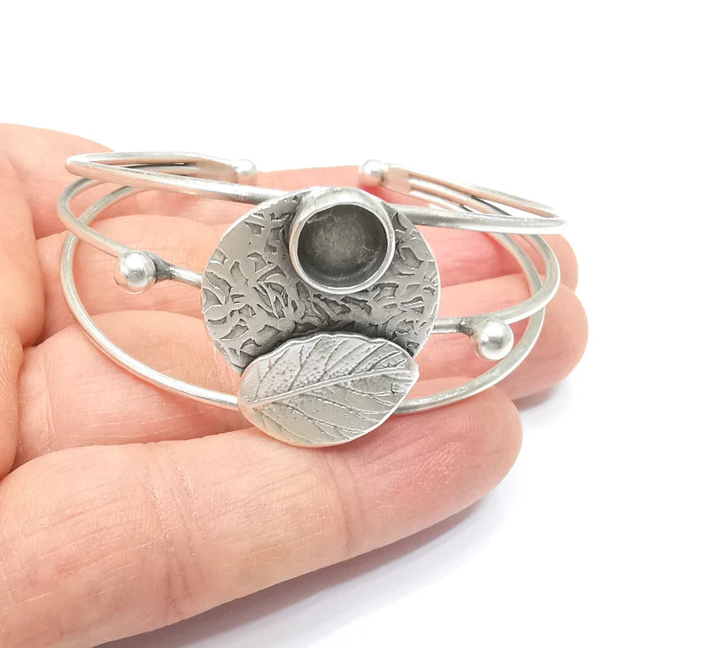 Leaf Wire Wrapped Bracelet, Bangle Bracelet Bezel, Cuff Resin Blank, Wristband Cabochon Base, Adjustable Antique Silver Brass (8mm) G34867