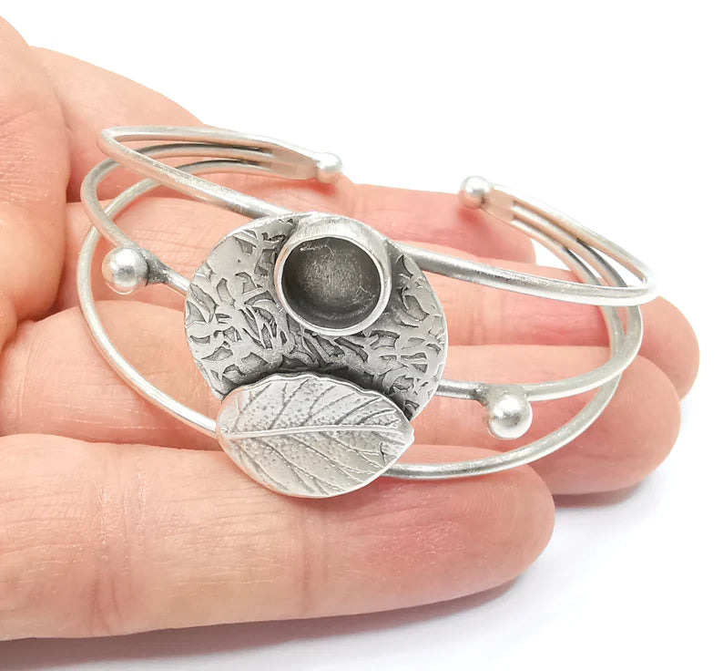 Leaf Wire Wrapped Bracelet, Bangle Bracelet Bezel, Cuff Resin Blank, Wristband Cabochon Base, Adjustable Antique Silver Brass (8mm) G34867