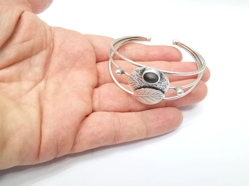 Leaf Wire Wrapped Bracelet, Bangle Bracelet Bezel, Cuff Resin Blank, Wristband Cabochon Base, Adjustable Antique Silver Brass (8mm) G34867