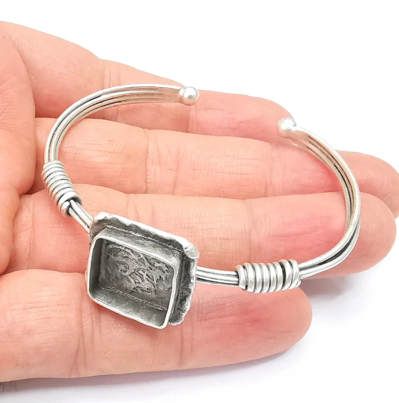 Wire Wrapped Bracelet, Bangle Bracelet Bezel, Wrap Cuff Resin Blank, Wristband Cabochon Base, Adjustable Antique Silver Brass (15mm) G34870