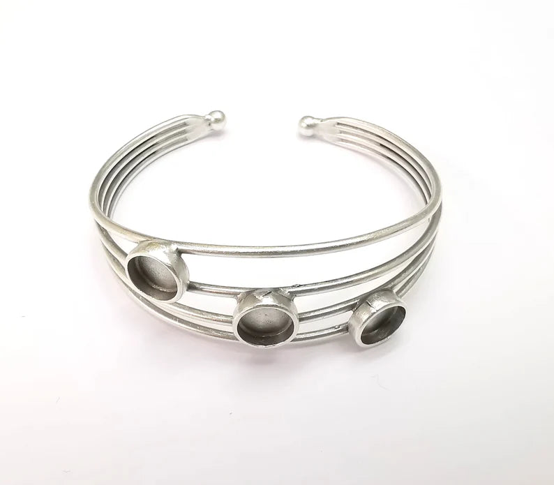 Round Wire Wrapped Bracelet, Bangle Bracelet Bezel, Cuff Resin Blank, Wristband Cabochon Base, Adjustable Antique Silver Brass (8mm) G34871