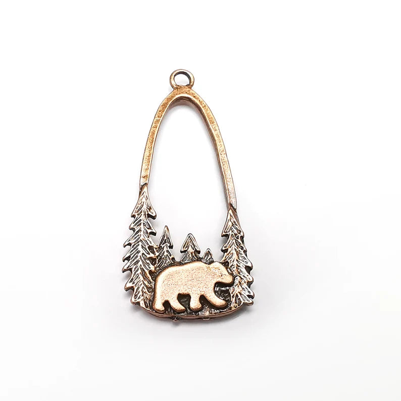 Polar Bear Charms, Pine Tree Forest, Wild Life, Antique Copper Plated Charms (54x24mm) G34879