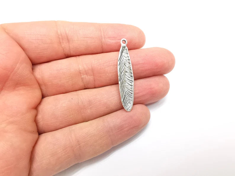 2 Feather Charms, Boho Charms, Leaf Charms, Dangle Earring Charms, Silver Pendant, Necklace Parts, Antique Silver Plated 40x8mm G35072