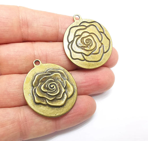 Rose Charms, Bronze Flower Charms, Earring Charms, Bronze Pendant, Necklace Pendant, Antique Bronze Plated Metal 35x31mm G35074