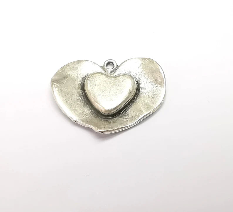 Heart Charms, Boho Charms, Love Charms, Dangle Earring Charms, Silver Pendant, Necklace Parts, Antique Silver Plated 34x27mm G35075