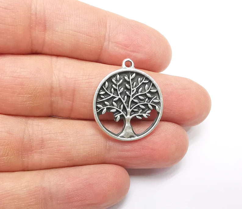 2 Tree Charms, Silver Boho Charms, Love Charms, Dangle Earring Charms, Silver Pendant, Necklace Parts, Antique Silver Plated 26x23mm G35080