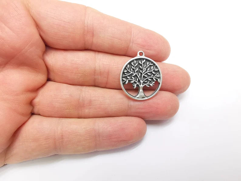 2 Tree Charms, Silver Boho Charms, Love Charms, Dangle Earring Charms, Silver Pendant, Necklace Parts, Antique Silver Plated 26x23mm G35080