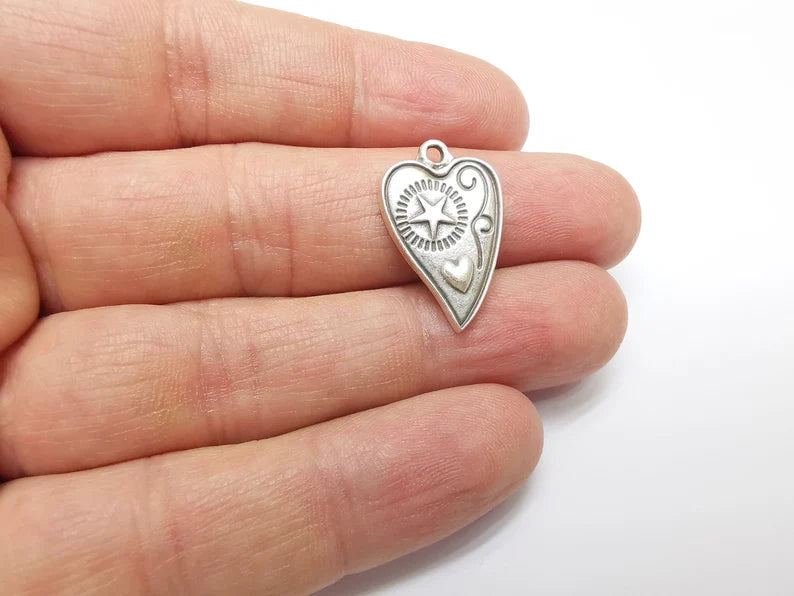 2 Heart Star Charms, Boho Charms, Love Charms, Dangle Earring Charms, Silver Pendant, Necklace Parts, Antique Silver Plated 24x15mm G35082