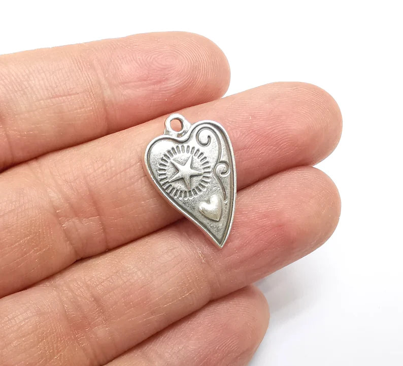 2 Heart Star Charms, Boho Charms, Love Charms, Dangle Earring Charms, Silver Pendant, Necklace Parts, Antique Silver Plated 24x15mm G35082