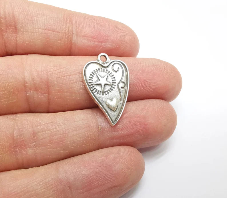 2 Heart Star Charms, Boho Charms, Love Charms, Dangle Earring Charms, Silver Pendant, Necklace Parts, Antique Silver Plated 24x15mm G35082