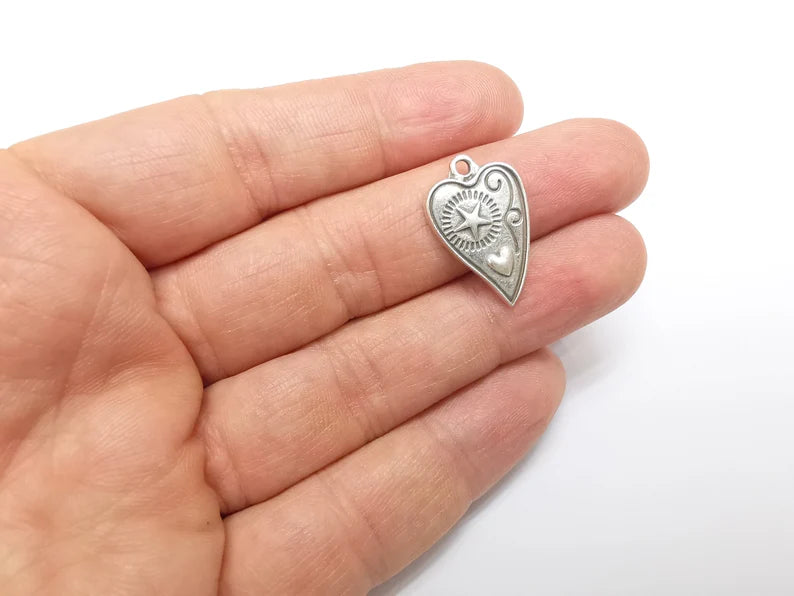 2 Heart Star Charms, Boho Charms, Love Charms, Dangle Earring Charms, Silver Pendant, Necklace Parts, Antique Silver Plated 24x15mm G35082