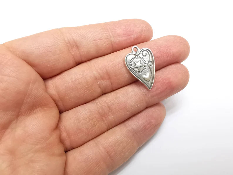 2 Heart Star Charms, Boho Charms, Love Charms, Dangle Earring Charms, Silver Pendant, Necklace Parts, Antique Silver Plated 24x15mm G35082