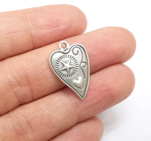 2 Heart Star Charms, Boho Charms, Love Charms, Dangle Earring Charms, Silver Pendant, Necklace Parts, Antique Silver Plated 24x15mm G35082