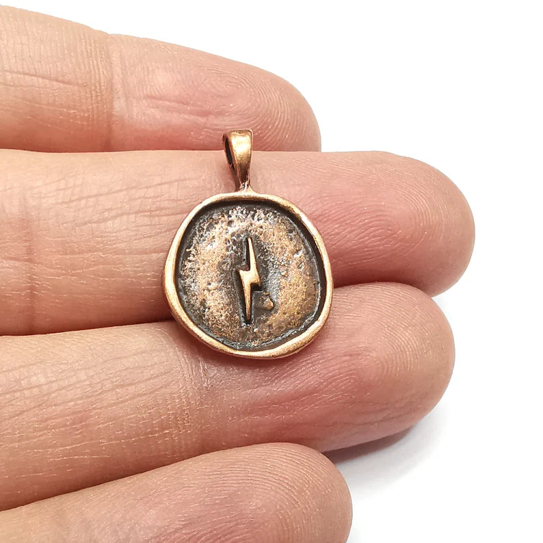 2 Copper Thunder Charms, Disc Charms, Ethnic Earring Charms, Copper Rustic Pendant, Necklace Parts, Antique Copper Plated 24x17mm G35084