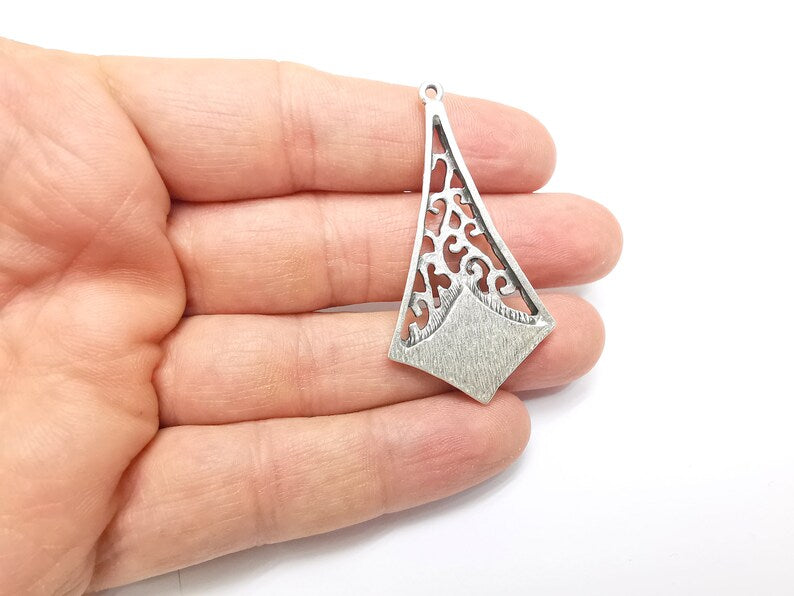 Silver Dangle Charms, Boho Charms, Stalactite Charms, Earring Charms, Silver Pendant, Necklace Parts, Antique Silver Plated 54x29mm G35086