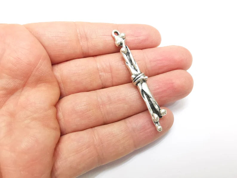 Silver Dangle Charms, Boho Charms, Rustic Charms, Earring Charms, Silver Pendant, Necklace Parts, Antique Silver Plated 59x6mm G35090