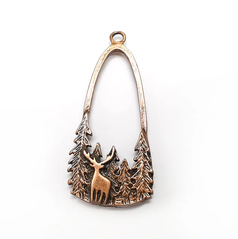 Deer Forest Charms, Pine Tree, Wild Nature, Antique Copper Plated Charms (54x24mm) G34883