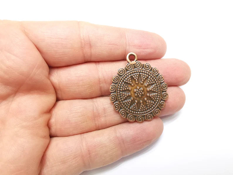 Copper Mystic Charms, Baroque Charms, Ethnic Earring Charms, Copper Rustic Pendant, Necklace Parts, Antique Copper Plated 38x32mm G35092