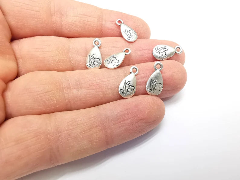 10 Flower Drop Charms, Leaf Flower Charms, Dangle Charm, Bracelet Component, Earring Charm, Necklace Parts, Antique Silver Plated 14x7mm G35102